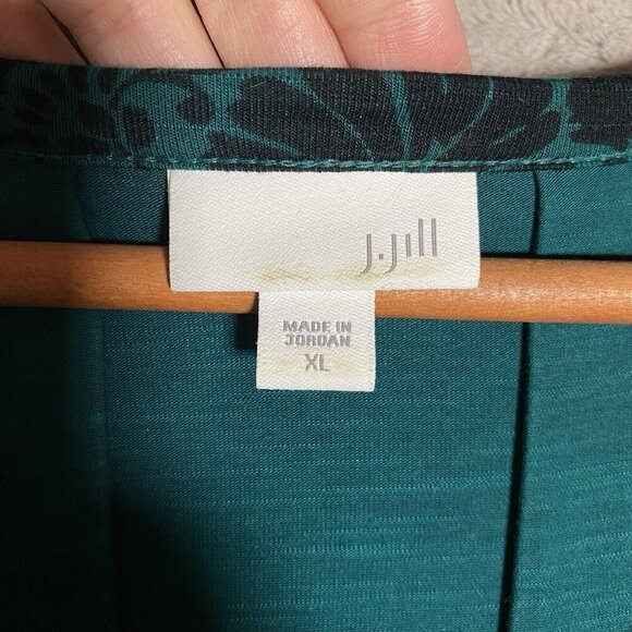 J Jill Dress XL Viridian Deco Scroll Green Floral Pleated Button Up Stretch - Picture 4 of 12